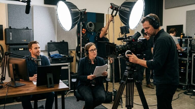 Pessoas gravando um vídeo em estúdio, com câmeras, luzes e equipamentos técnicos, mostrando a produção audiovisual.