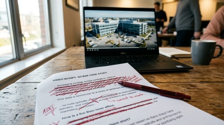 Roteiro de vídeo editado em uma mesa, com um laptop ao fundo mostrando um estudo de caso B2B.