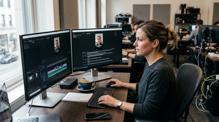 Mulher editando vídeo em computadores duplos, café ao lado, ambiente de trabalho moderno e colaborativo.