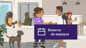 Ilustração sobre reserva de espaços em condomínio para eventos, com personagens interagindo e um cachorro ao lado.