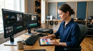 Mulher trabalhando em estúdio de edição com dois monitores, tablet e equipamentos de áudio. Foco na criação de conteúdo.