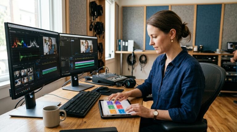 Mulher trabalhando em estúdio de edição com dois monitores, tablet e equipamentos de áudio. Foco na criação de conteúdo.