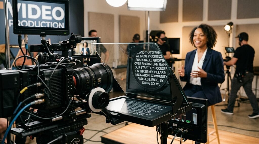 Cameraman filmando uma mulher apresentando em estúdio, com foco em produção de vídeo e estratégias de crescimento.