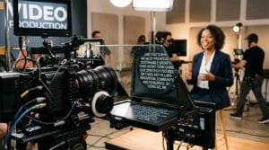 Cameraman filmando uma mulher apresentando em estúdio, com foco em produção de vídeo e estratégias de crescimento.