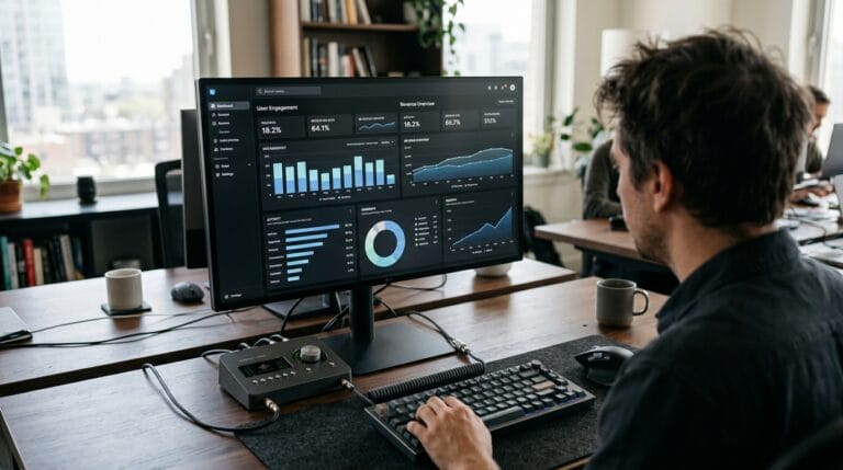 Homem analisando dados de engajamento do usuário em um computador, com gráficos e estatísticas na tela.
