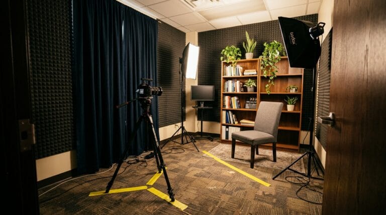 Estúdio de gravação com câmera, iluminação, cadeira e prateleira de livros, pronto para filmagens ou entrevistas.