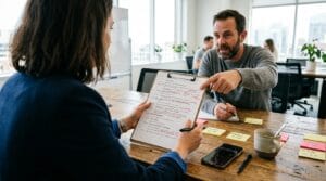 Reunião de negócios com anotações, planejamento e troca de ideias entre profissionais em ambiente moderno.