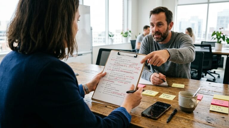Reunião de negócios com anotações, planejamento e troca de ideias entre profissionais em ambiente moderno.
