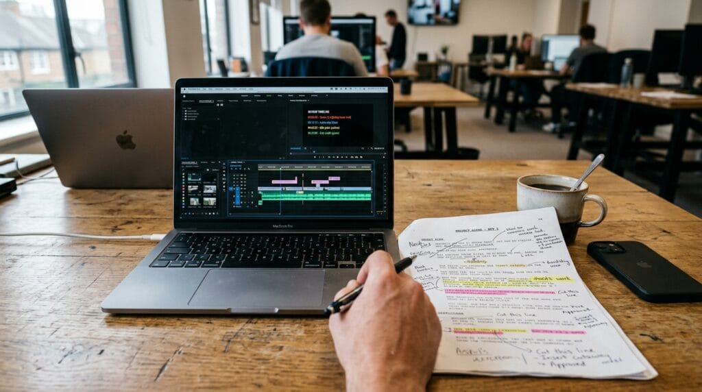 Área de trabalho com laptop, anotações e café, ideal para edição de vídeo e produção criativa em ambiente colaborativo.