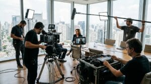Equipe de filmagem em estúdio, com painéis de vidro e vista para a cidade, preparando entrevista profissional.