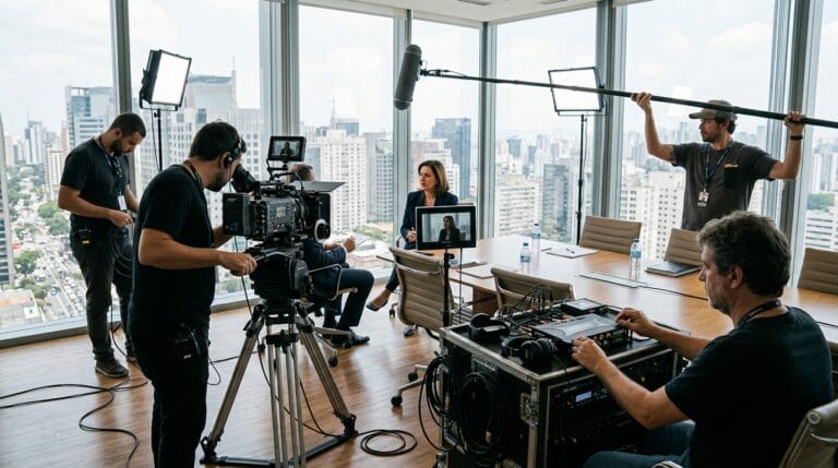 Equipe de filmagem em estúdio, com painéis de vidro e vista para a cidade, preparando entrevista profissional.