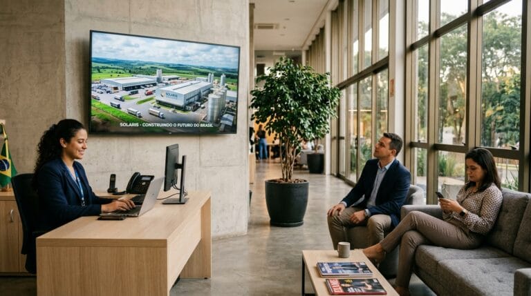 Recepcionista sorridente em ambiente moderno, com tela exibindo SOLARIS - Construindo o futuro do Brasil.