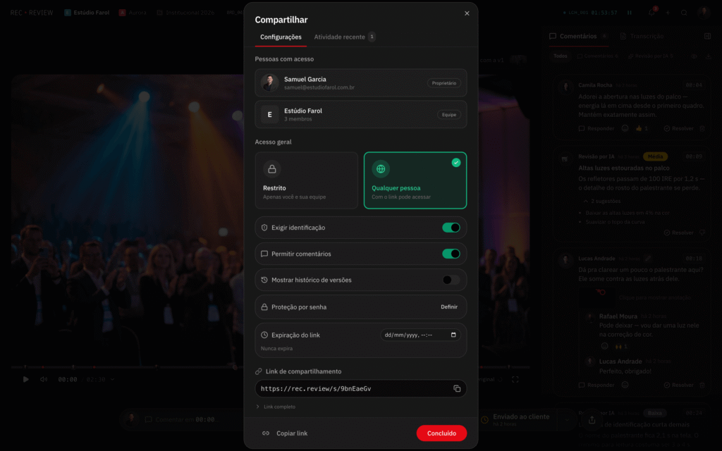 Janela de compartilhamento de link de revisão de vídeo no RecReview