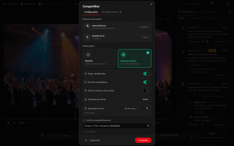 Janela de compartilhamento de link de revisão de vídeo no RecReview